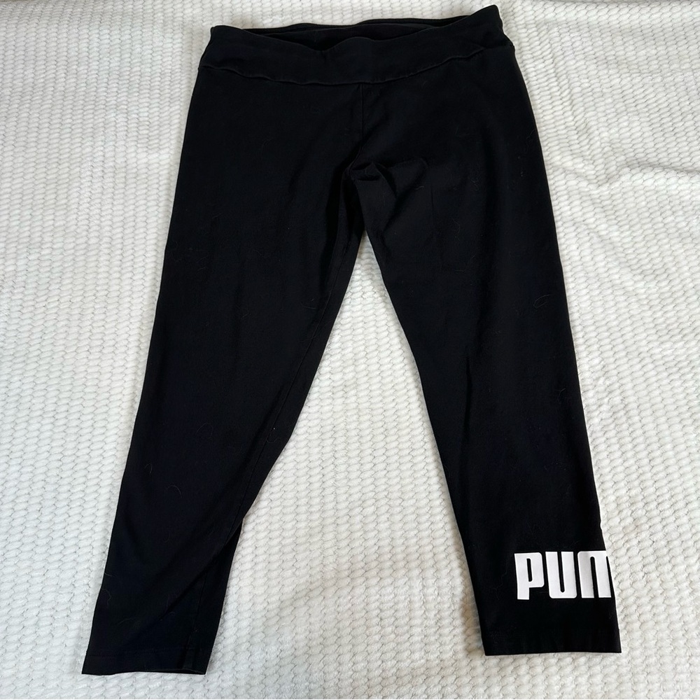 Puma Womens L Yoga Leggings Black Stretchy Workout Logo Hit Athletic